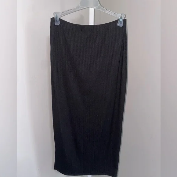 Ninexis Black Ribbed Knit Midi Skirt M High Slit Bodycon Stretch Edgy - Picture 6 of 7